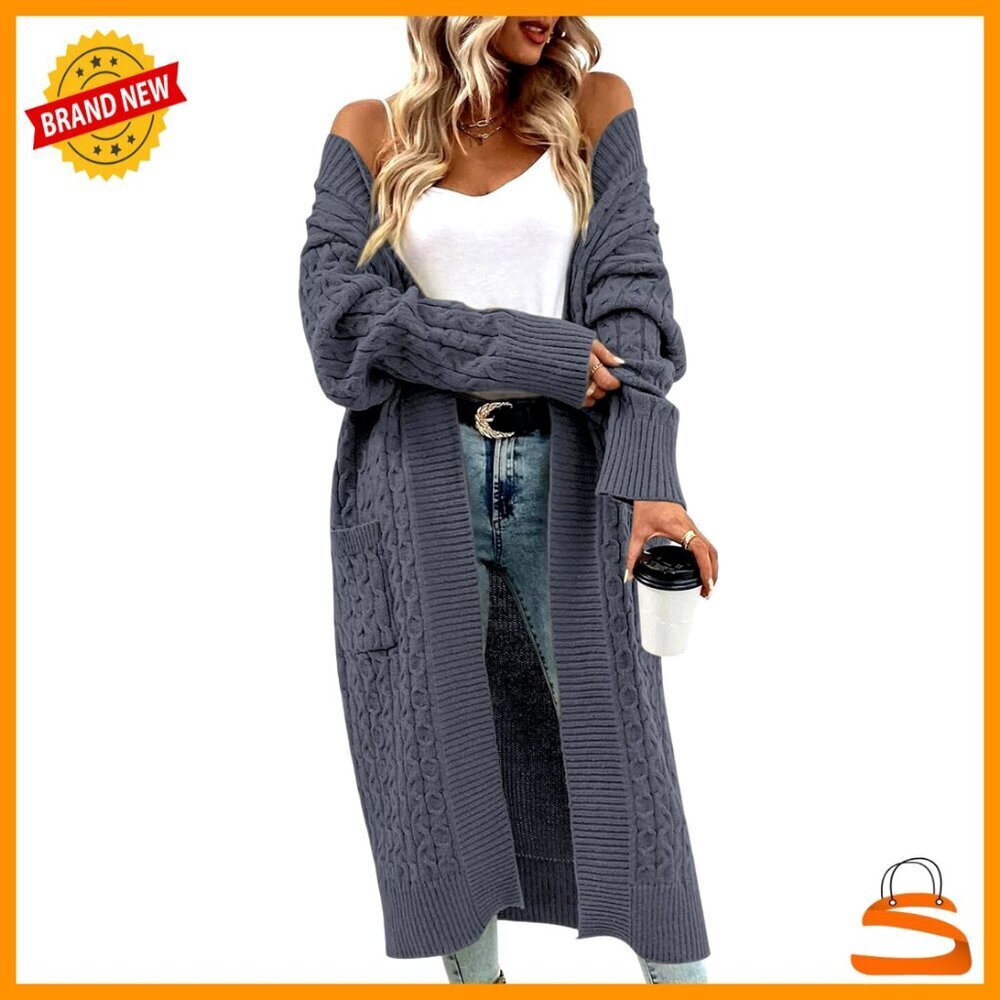Long Cable Knit Cardigan Open Front Oversized Chunky Sweater Coats with Pockets